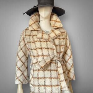 Vintage 1960s Robinson’s Department Cream Mohair Wool Belted Coat Plaid Mod